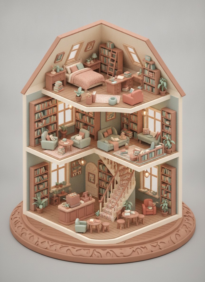 Isometric 3D diorama of a tiny three-floor bookshop with pastel interior, tilt-shift, clay render