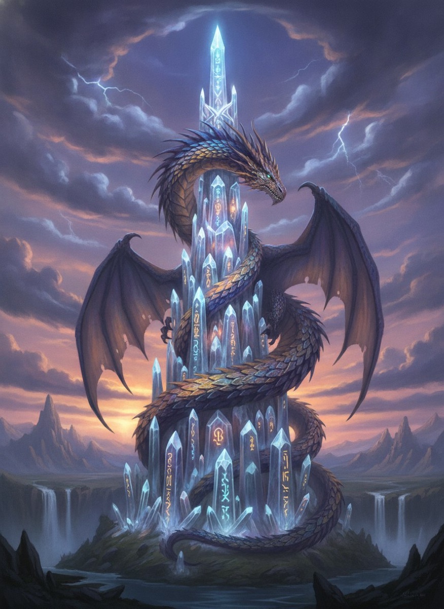 Dragon curled around a glowing crystal tower at twilight, fantasy concept art