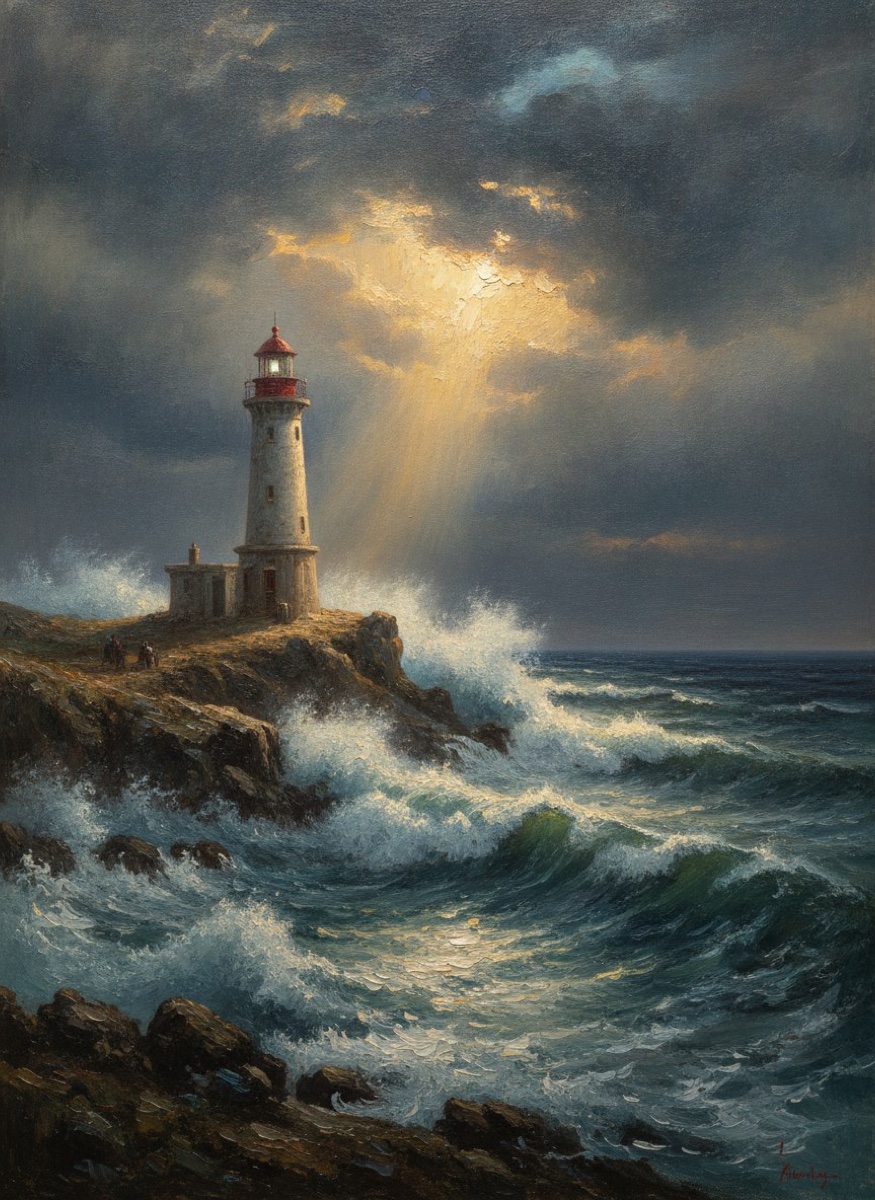 Oil painting of a lighthouse on stormy cliffs with golden light through dark clouds, Romantic era