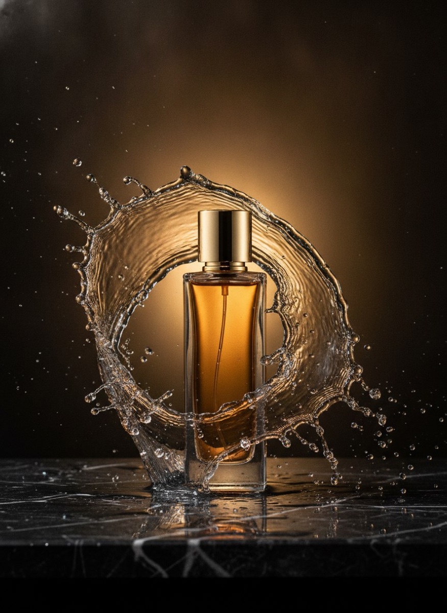 Luxury perfume bottle on wet black marble with a frozen water splash and golden backlight